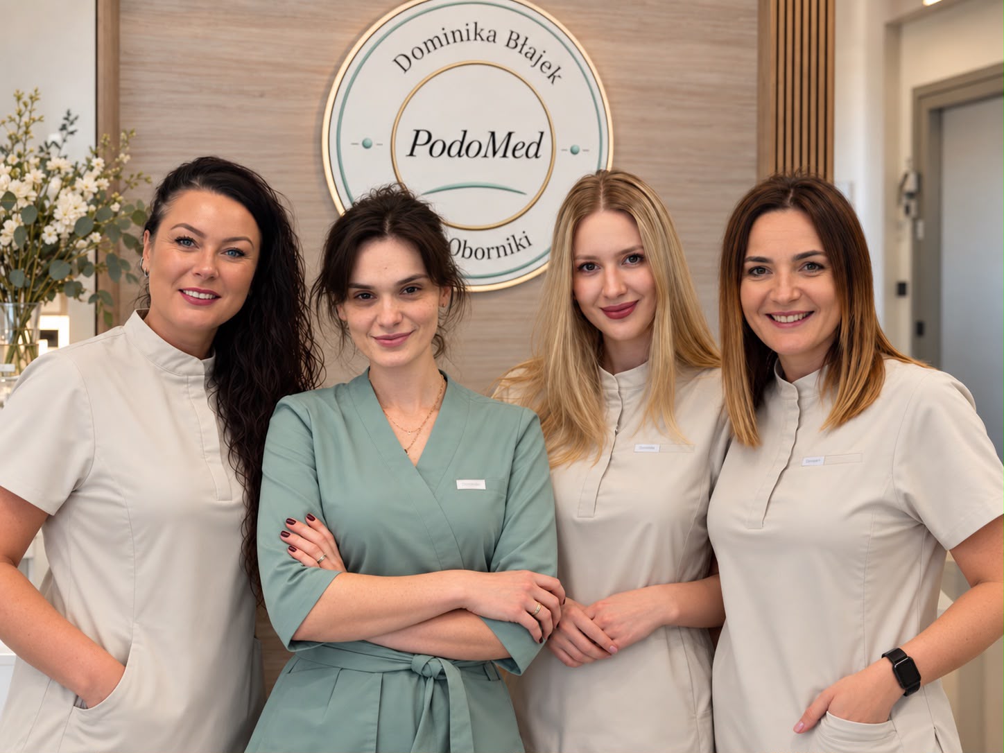 Zespół PodoMed pod logo gabinetu — od lewej Karolina, Julia, Weronika i Dominika